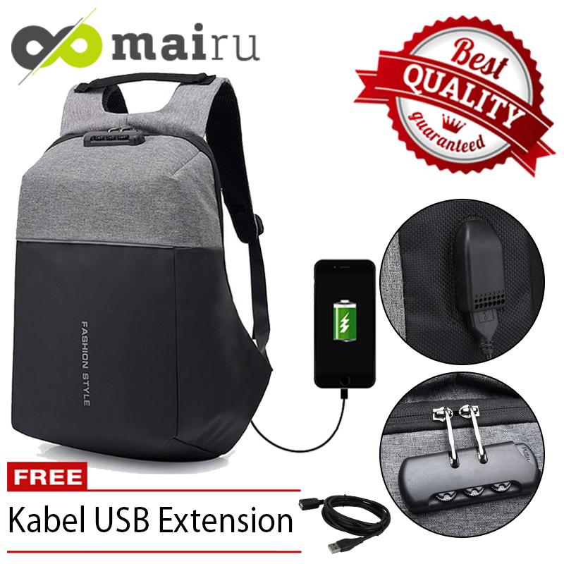 Mairu Tas Ransel Pria Wanita Anti Maling Laptop Gembok Travel Backpack With Lock Built-in USB Charger Support FS-V2