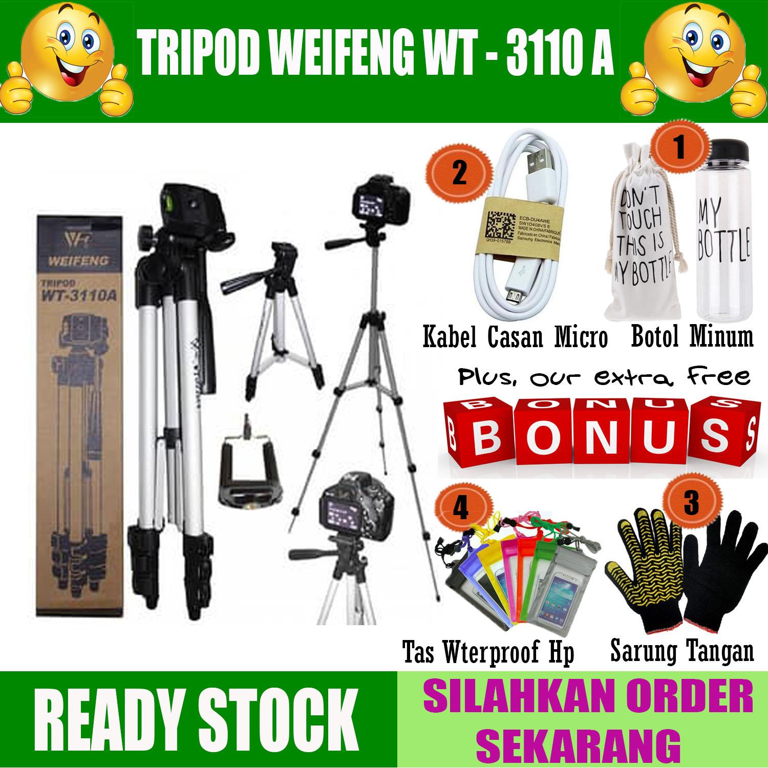 Weifeng 3110 Tripod Stainless with 3x Extend Leg - Suite For Smartphone & Camera - Black + Free Holder U GRATIS Botol Minum + Sarung Tangan Hitam + Kabel Casan Micro + Tas Wterproof Hp