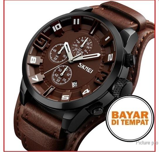 Jam Tangan Original SKMEI Pria Lelaki Laki-laki Cowo Cowok Man Analog Gaul Leather Strap Kulit Asli Anti Air Waterproof 30 Meter Cokelat / Brown Garansi 449165