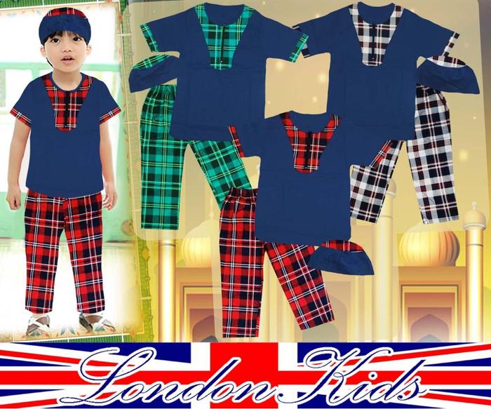 New Baju Muslim Anak Laki London Kids Koko Kaos set Biru Celana Kotak Peci
