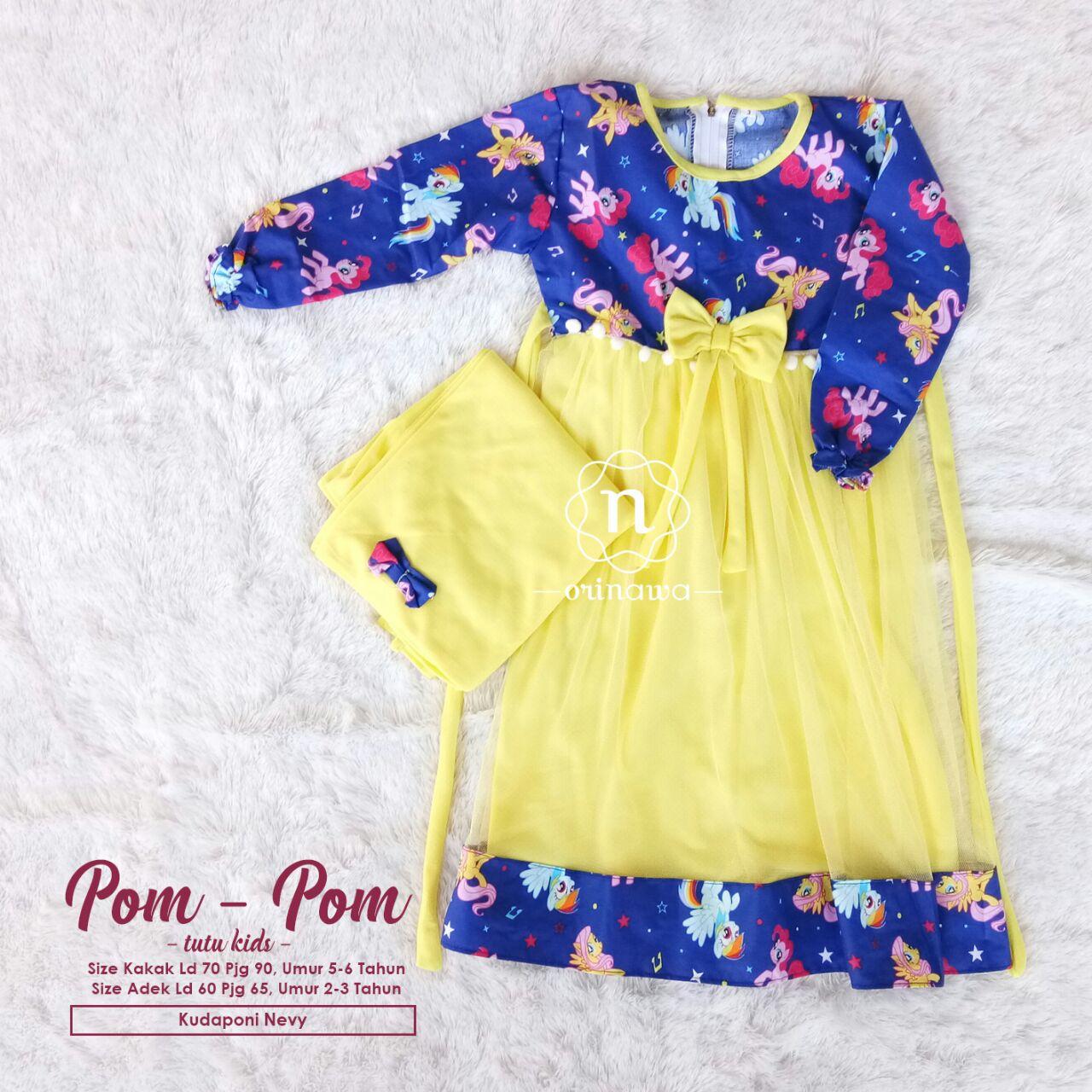 Baju Lebaran Anak Perempuan / Gamis Lebaran Anak Perempuan Modern Murah Pom-Pom Kids Free Pashmiina - Kuda Navy