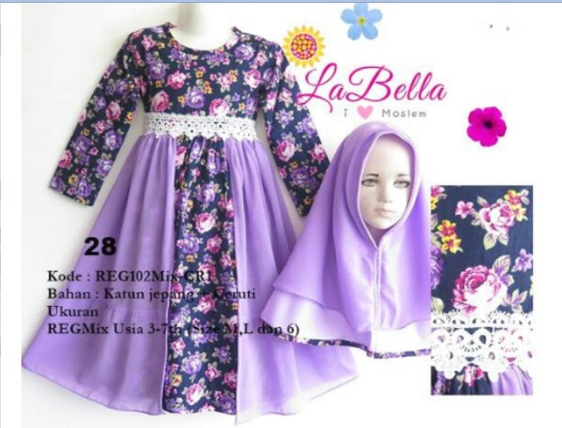 Gamis anak labella bahan katun jepang crape ceruti ungu size Besar