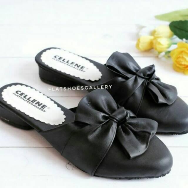 Sepatu sandal selop pita ikat hitam putih coklat murah Elfan