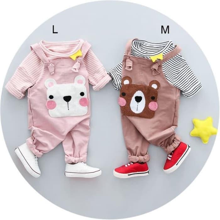 New Baju Setelan Anak Perempuan Import Kaos Garis Celana Overall Bear