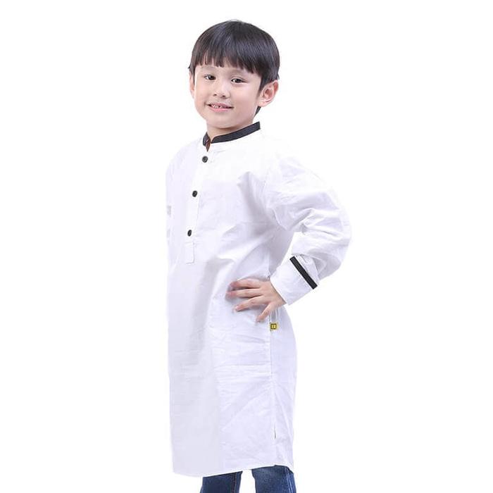 Baju Koko Muslim Anak Laki-Laki Black Neck Jubah Muslim Katun Putih - Putih