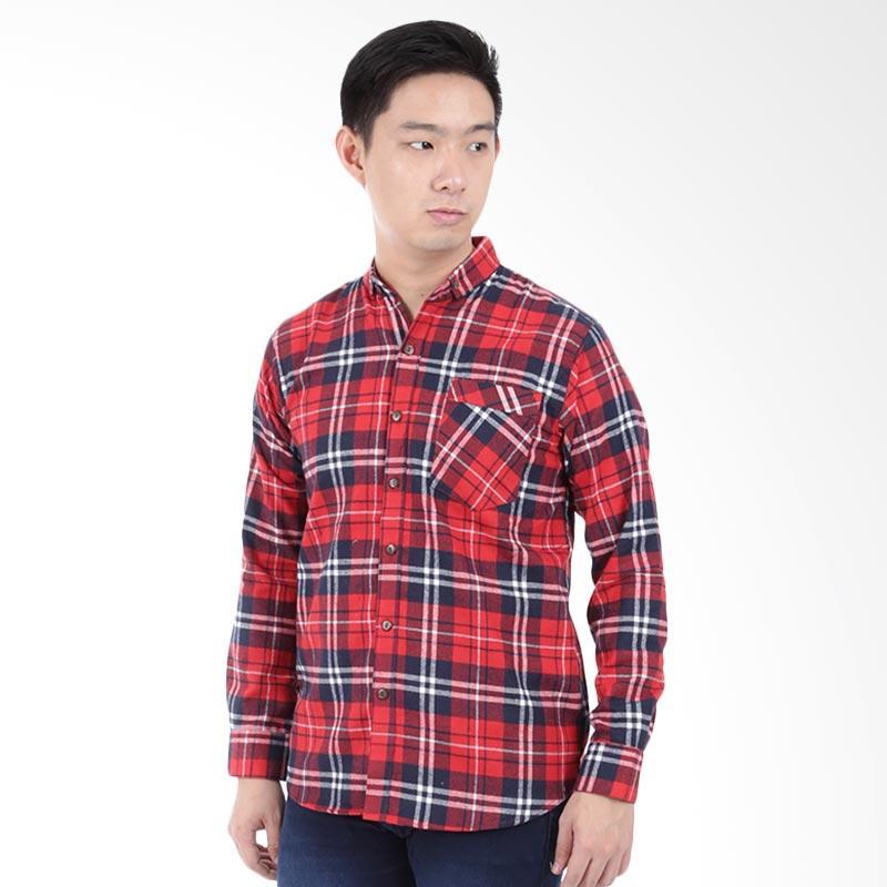 Kemeja Flanel Pria lengan panjang merah kotak-kotak