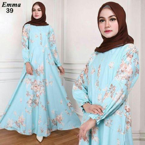 AK - Maxy Emma (39) - Biru Muda/Tua Gamis / Dress Maxi Muslim Wanita Murah Elegant Katun Motif Asli Best Quality Akiko Fashion