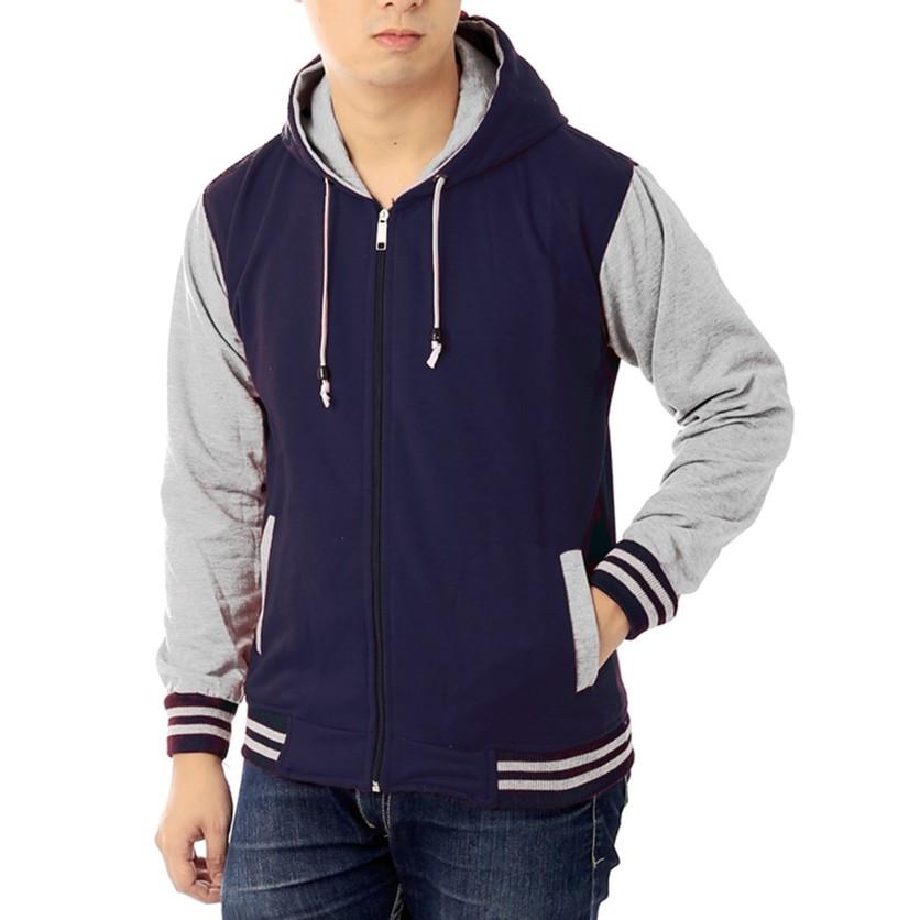 Jaket Baseball Biru Navy Abu + Resleting & Tutup Kepala - Pria Wanita - Sn1uve