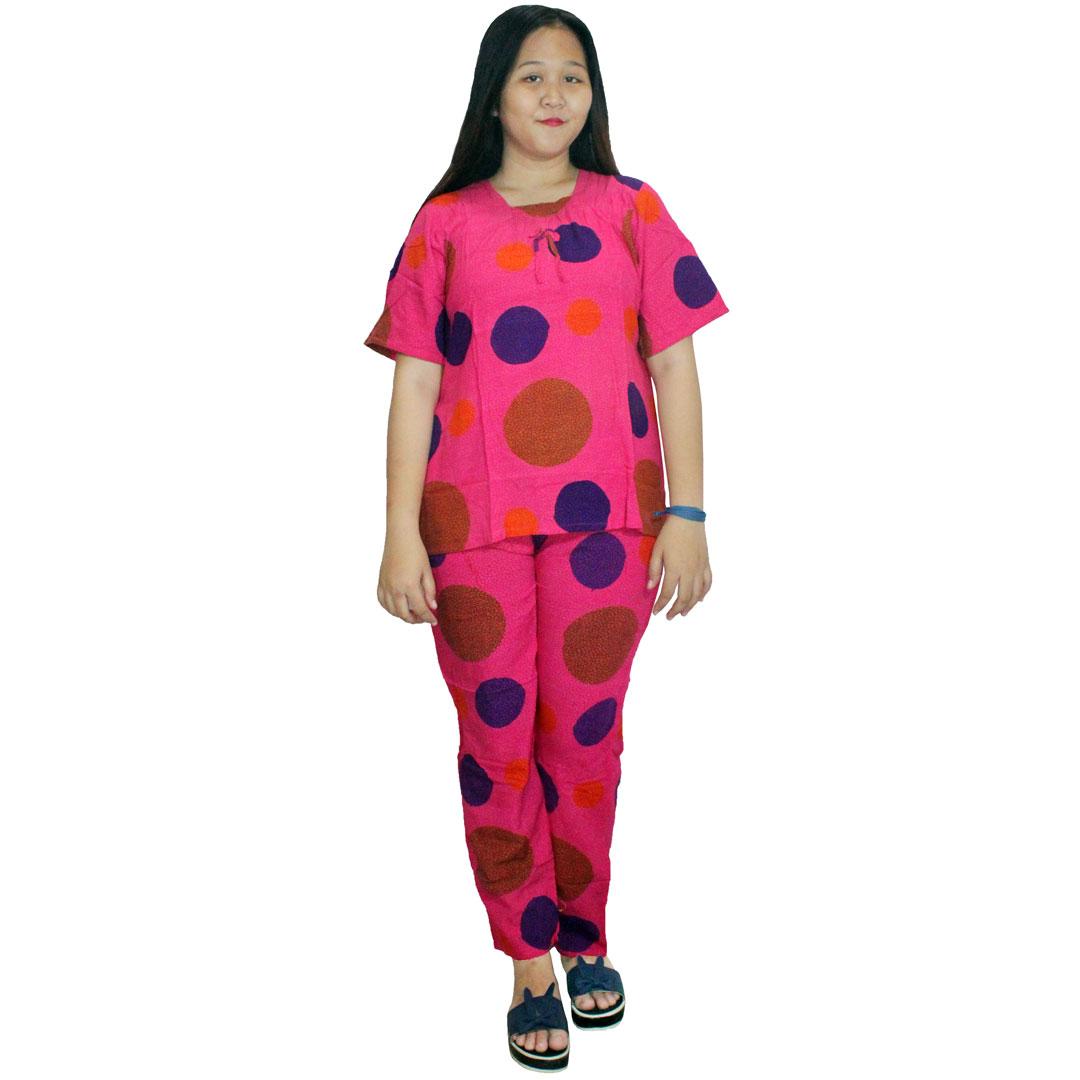 Setelan Celana Kulot Panjang Berlengan Pendek Batik Cap Halus, Baju Tidur, Piyama, Leher Kerut (RST001-02) Batik Alhadi