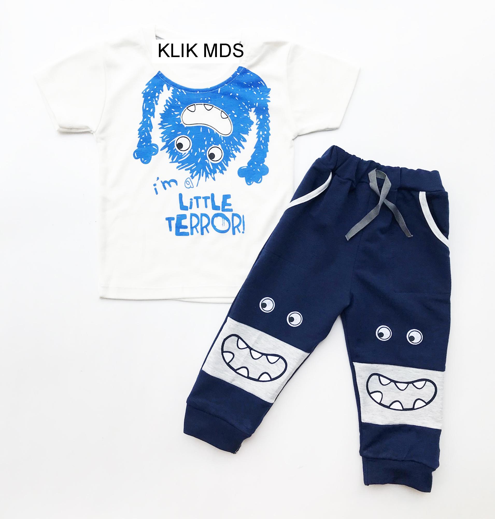 Klik Mds Baju Anak Bayi Lelaki Setelan Atasan dan Celana Motif Karakter Monster, I am Little Terror