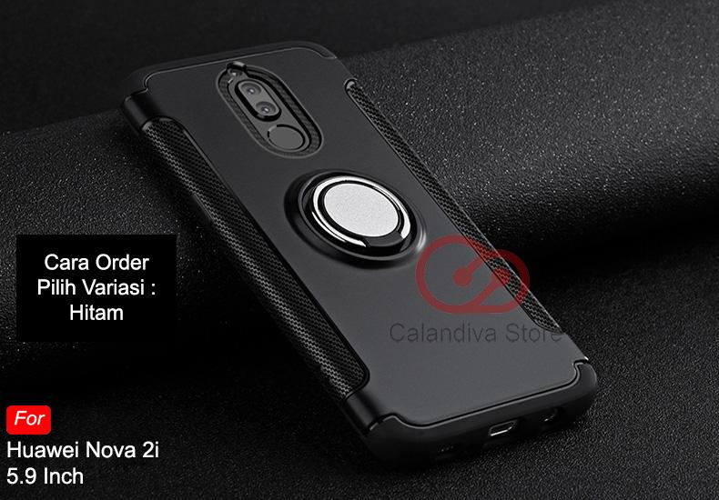 Calandiva Ring Carbon Kickstand Hybrid Premium Quality Grade A Case for Huawei Nova 2i, Mate 10 Lite 5.9 Inch (sama ukuran)