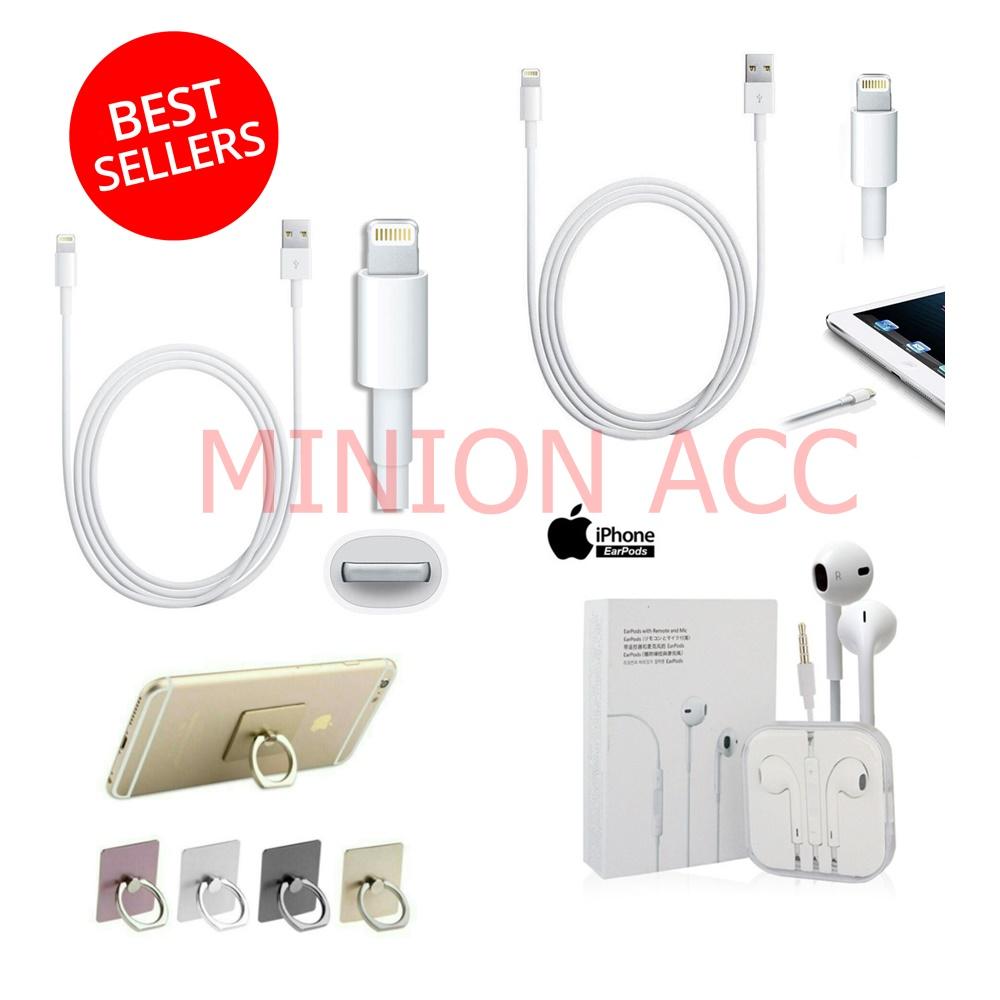 Apple Original Kabel Data Lightning iPhone 5 / 5c/ 5s - Putih + Handsfree Iphone Original Paket Free Holdre Ring HP Warna Random