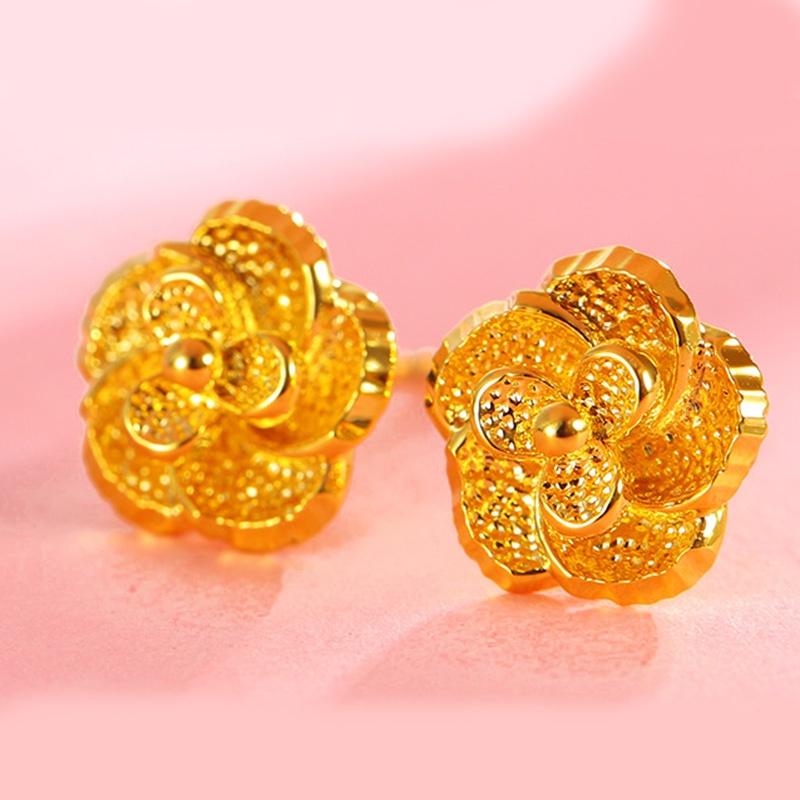 Fashion 24K Gold Plated Flower Stud Earrings Women Wedding Engagement Party Jewelry Gifts Fashion Anting Bunga Emas Wanita Hadiah
