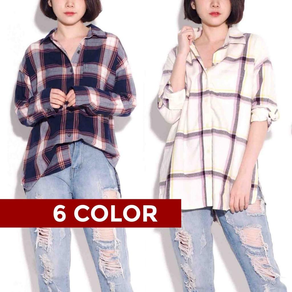 6 WARNA ON ATASAN KEMEJA BLOUSE PANJANG FLANEL BIG SIZE BAJU BRANDED JUMBO WANITA MURAH OLD NAVY PLAID PEACH S