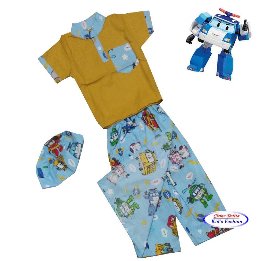 Paket Sarkoci Anak MOTIF ROBOCAR POLI (Sarung. Baju Koko & Instan Peci)
