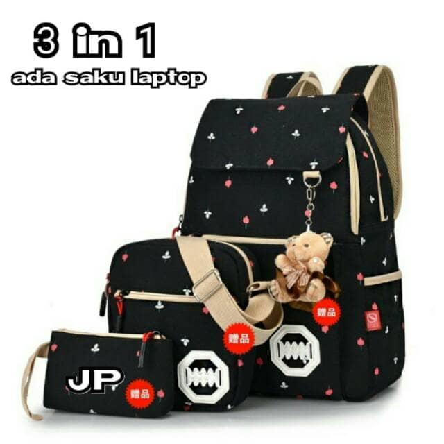 Jual Tas Ransel Sekolah Anak SD Laki Perempuan 3in1 Tulip Tutup Murah Hitam - Hitam Promo