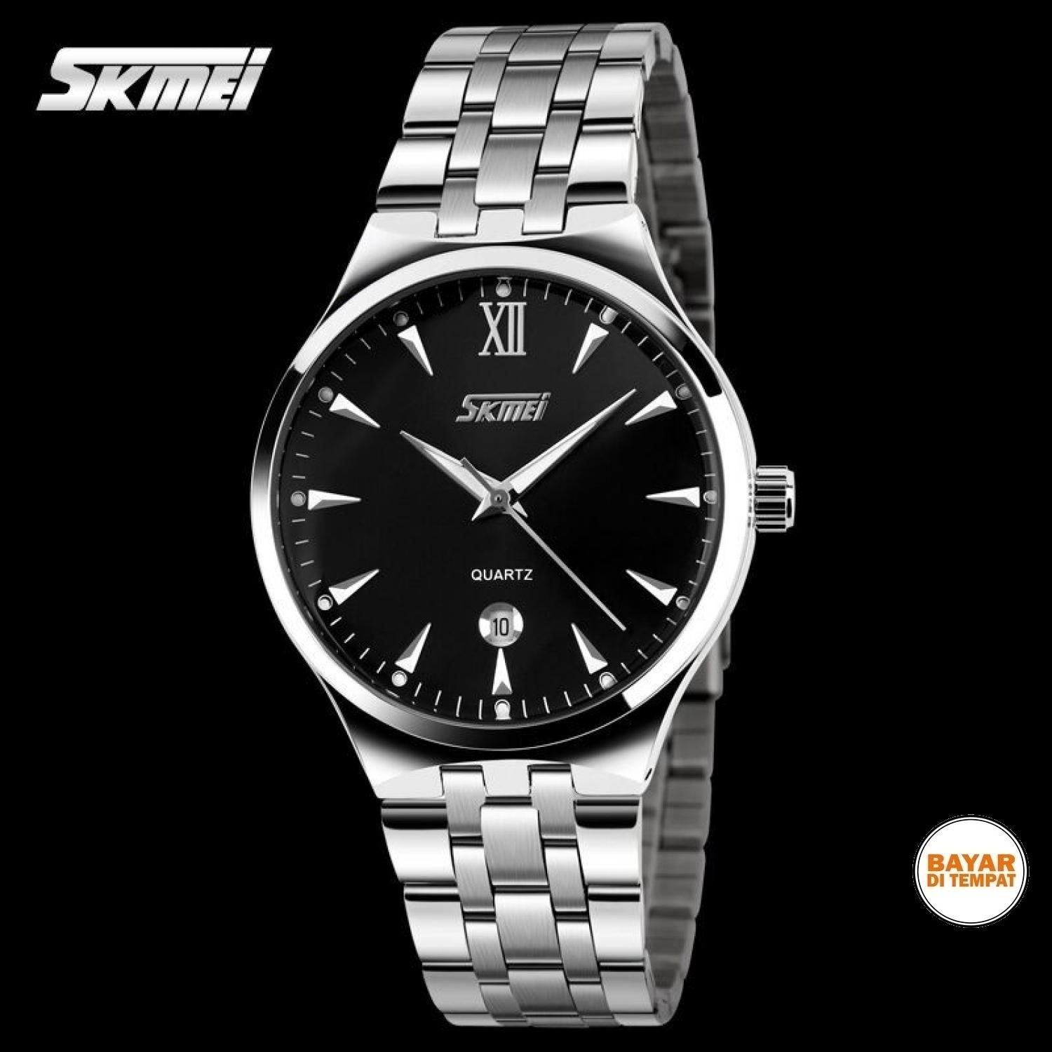 Jam Tangan Couple Original SKMEI Pria Lelaki Laki-laki Cowo Cowok Perempuan Wanita Cewek Cewe Lady Women Silver Hitam / Black Analog Elegant Stainless Steel Anti Air Waterproof 30 Meter Tanggal Aktif Mewah Garansi 339071