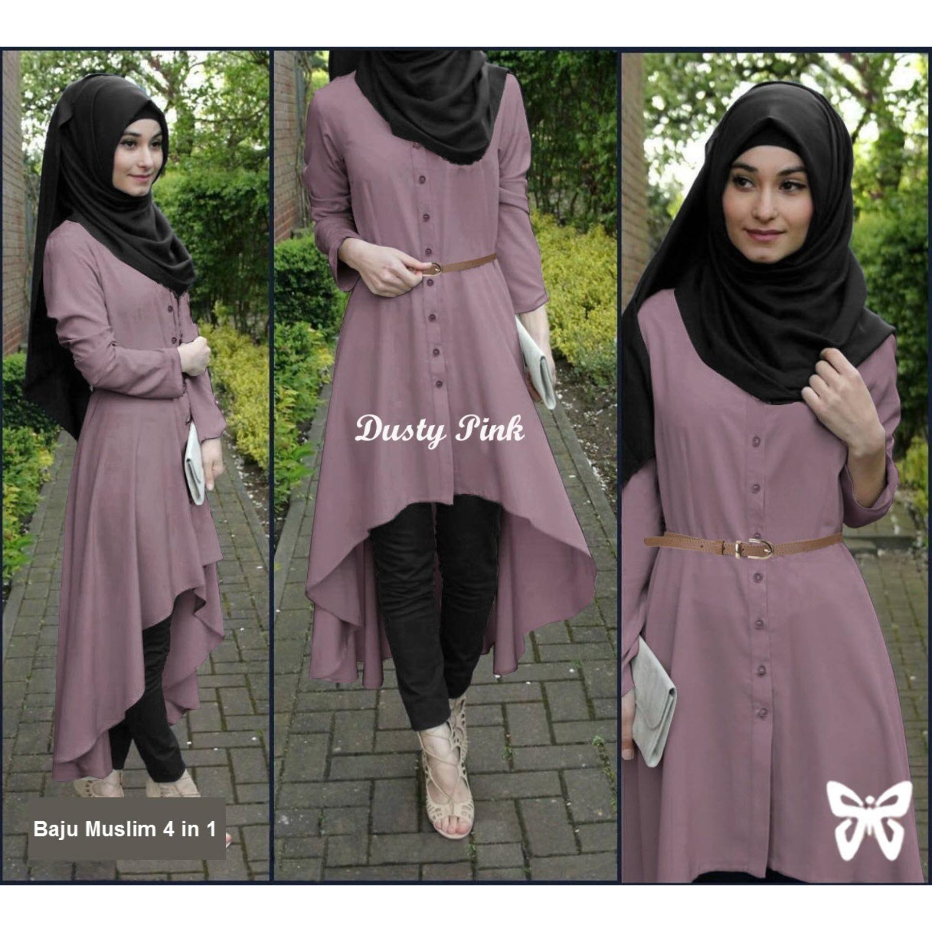 Flavia Store Baju Muslim Wanita Set 4 in 1 FS0694 - DUSTY PINK / Setelan Muslimah / Stelan Gamis / Hijab / Atasan Blouse Terusan Kemeja Tunik Lengan Panjang Bawahan Celana / Srsafira