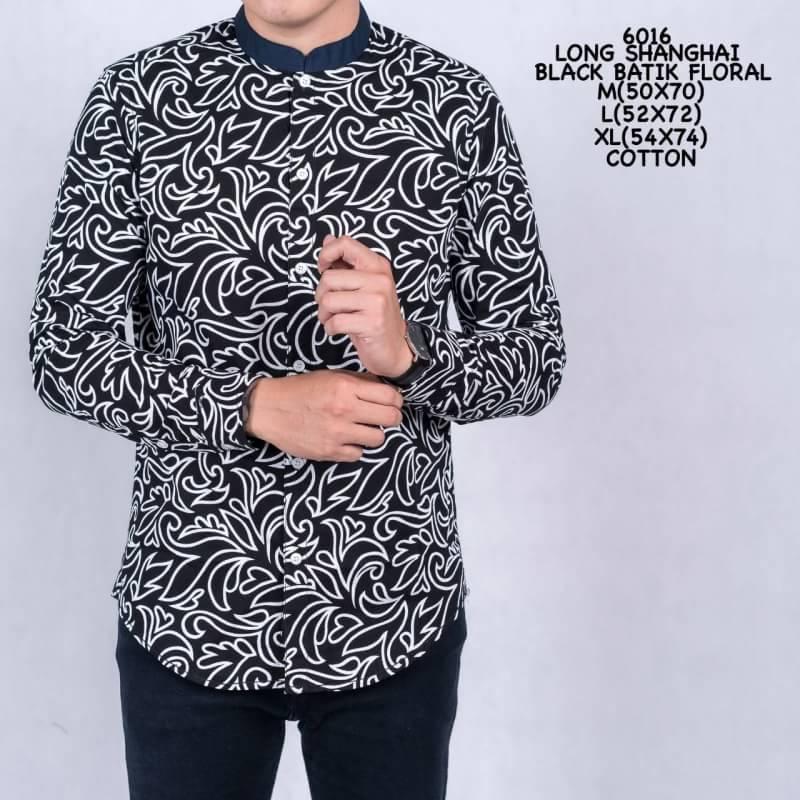 FashionPedia™ - Kemeja Lengan Panjang Pria Terkini - Long Shanghai Black Batik Floral (6016)