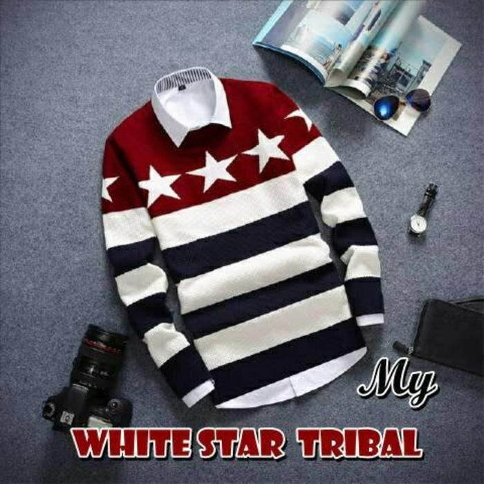 WHITE STAR TRIBAL / pakaian baju casual pria kerja kantor harian rajut murah / atasa pria rajut / jaket sweater pria rajut model terbaru / baju kuliah kampus pria cowo cowo