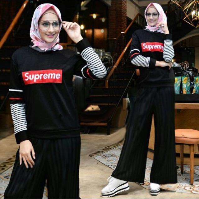 Damai fashion - setelan hijab wanita Halimah salur - baju murah konveksi tanah abang 2warna