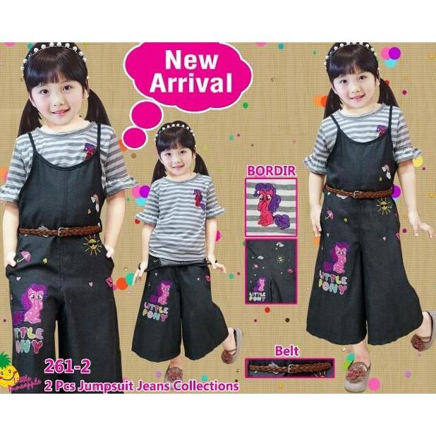 PROMO SALE BAJU SETELAN ANAK PEREMPUAN LITTLE PINEAPPLE PONY ABU OVERALL JEANS FZ001XO