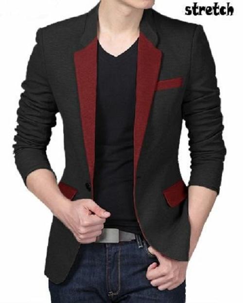 Butikonline83 - Pakaian Blazer Pria Katun Stretch - Baju Cowok - Jas Pria - Blazer Hitam List Merah