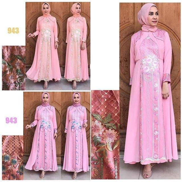 Gamis Pesta Bahan Ceruty Mix Tile Bordir Timbul