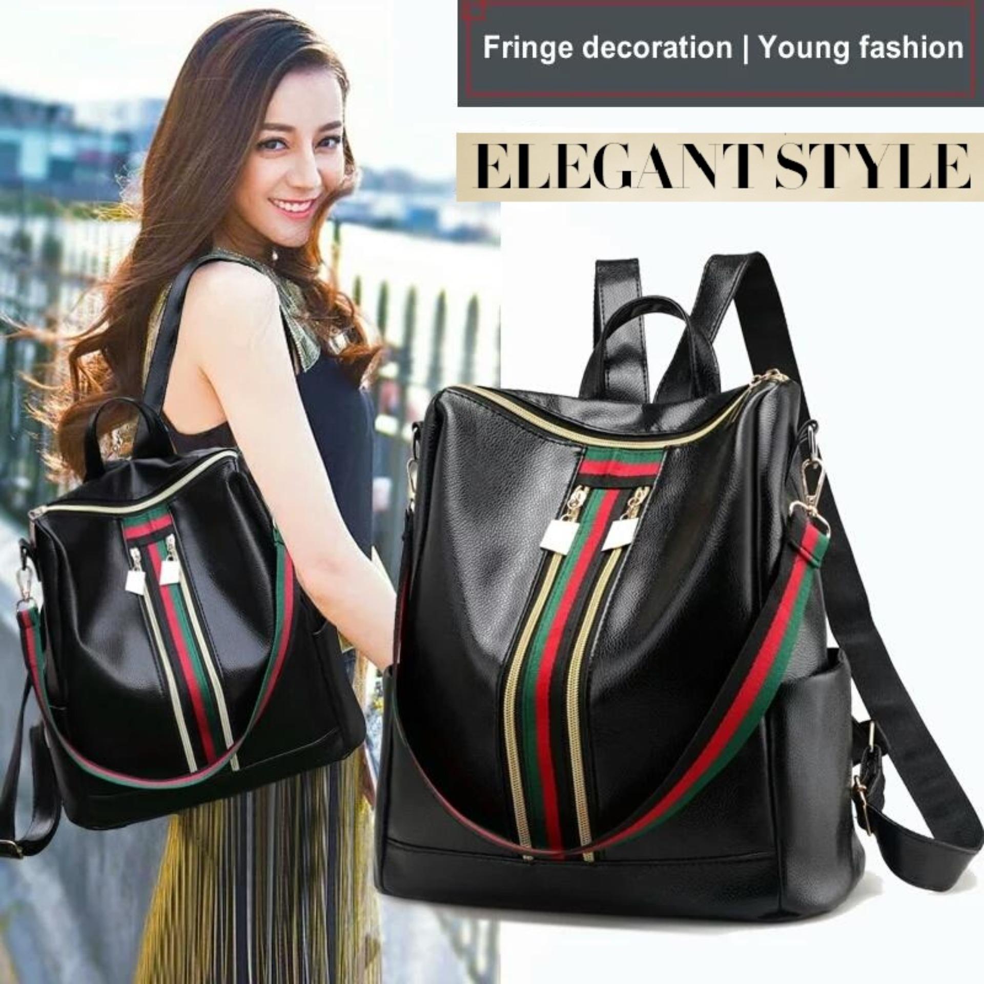 JCF Tas Ransel 3in1 Kulit PU Import Korean Style Bagus Fashion Branded Wanita Remaja Dan Dewasa - Kezia Black