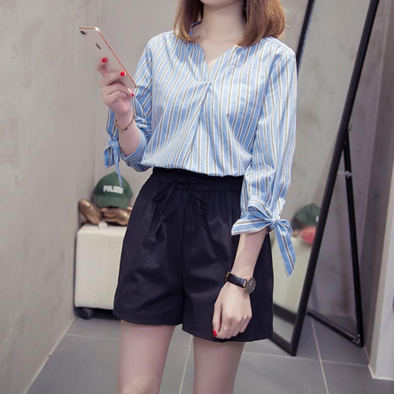 MM Kulot Ukuran Besar Kemeja Perempuan Orang Gemuk Kerah V (Biru)