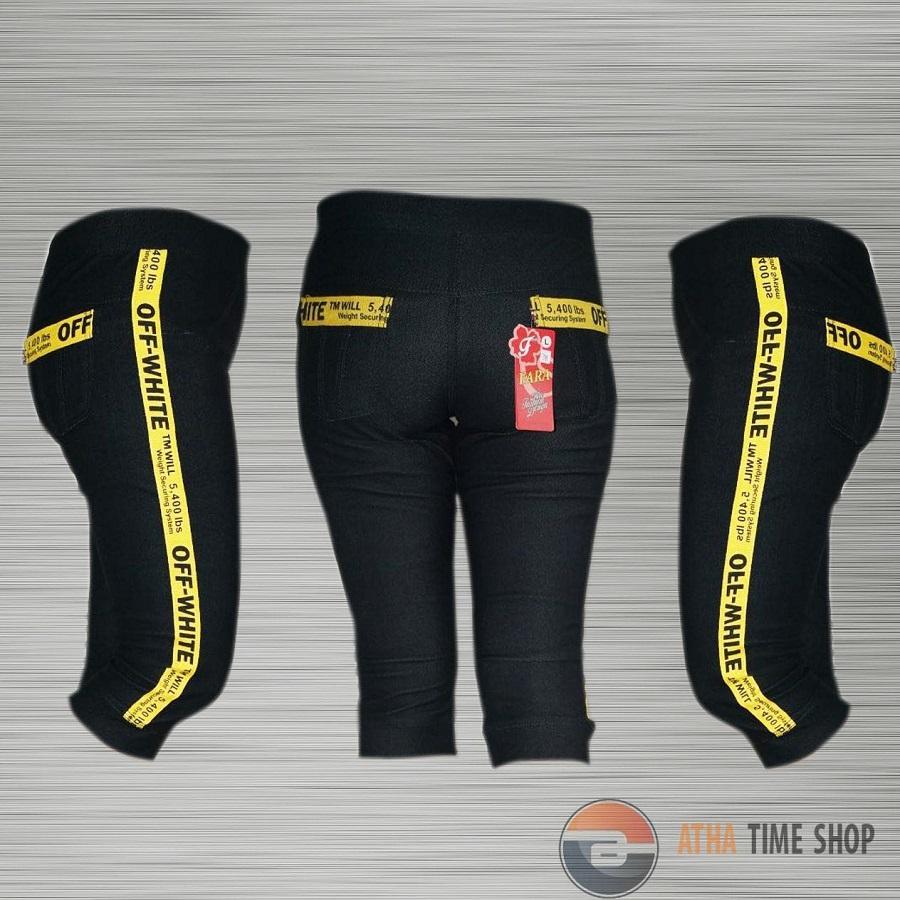 Legging Motif Strip Celana Legging Wanita 3/4 - Off White (Bahan Denim)
