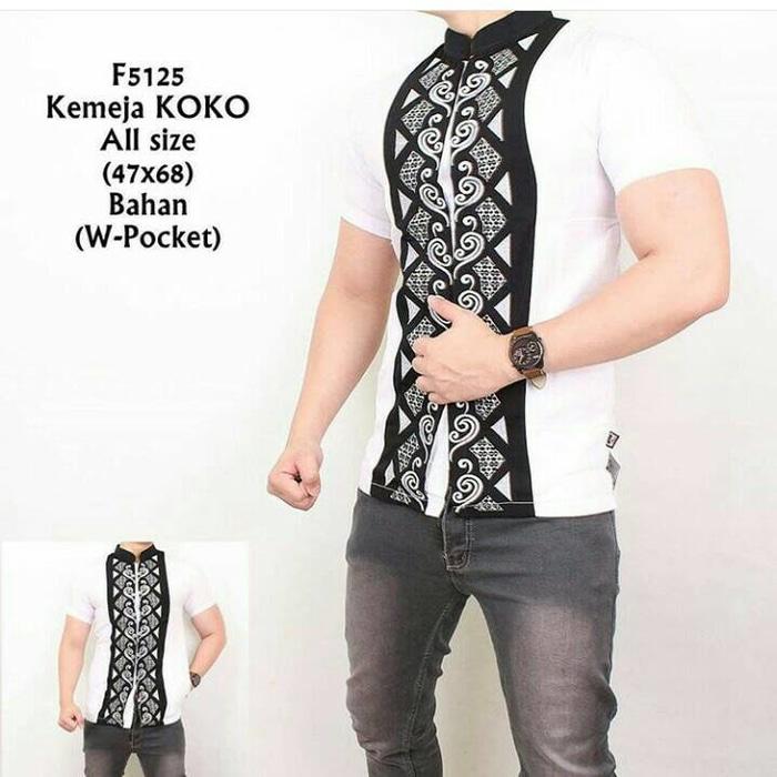 Kemeja Koko Pria Putih Kombinasi batik lengan pendek