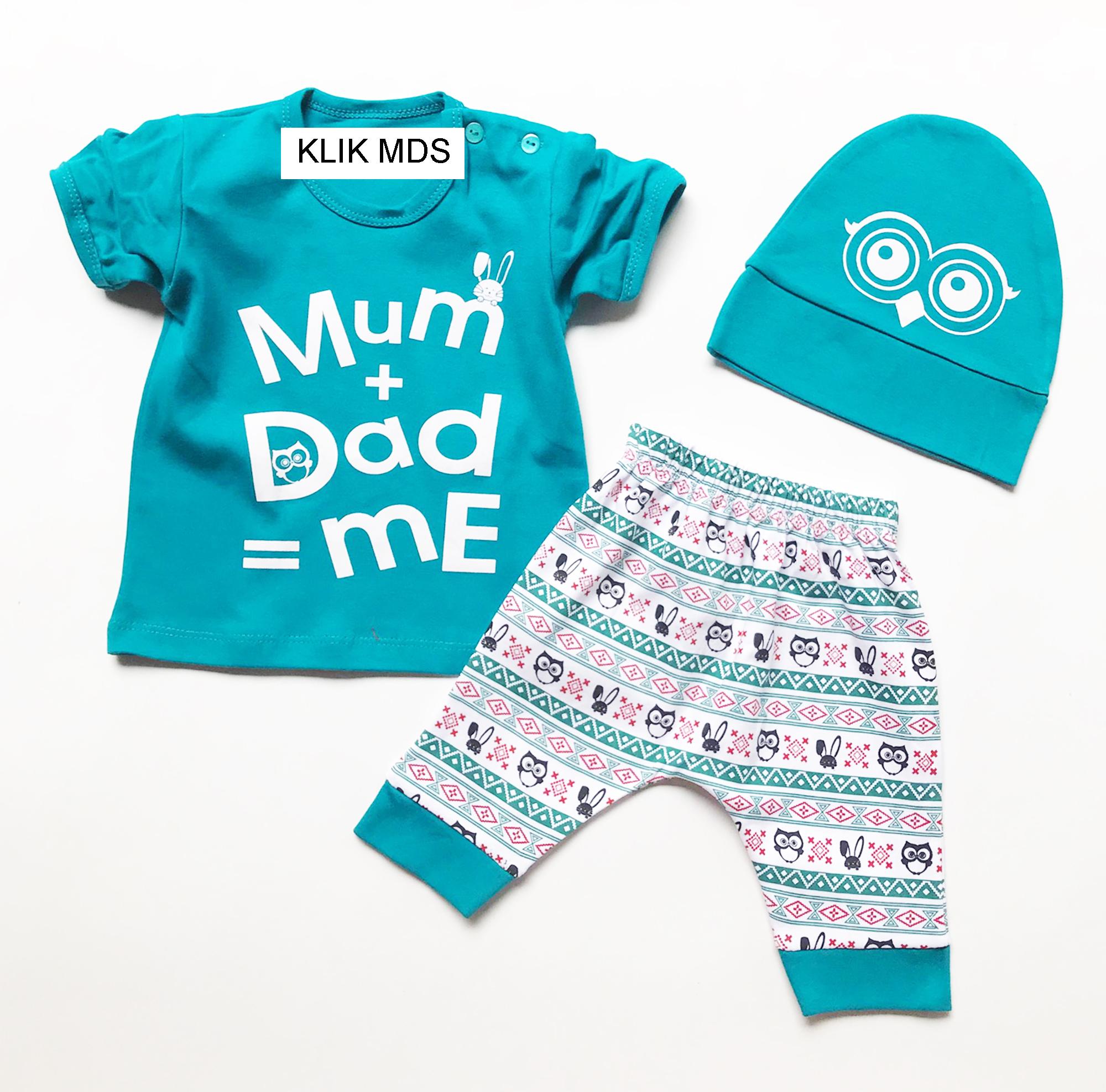 Klik Mds Baju Anak Lelaki Setelan Atasan dan Celana Motif Karakter Mum and Daddy is Me Free Topi