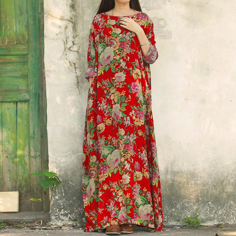 Zanzea Wanita Lengan Panjang Berwarna Kuning Mata Baju Dolman Antik Bunga Cetak Gaya Cina Katun Pesta Gaun Panjang Besar Longgar kaftan Vestido Plus Ukuran Better Angkatan Laut-Internasional