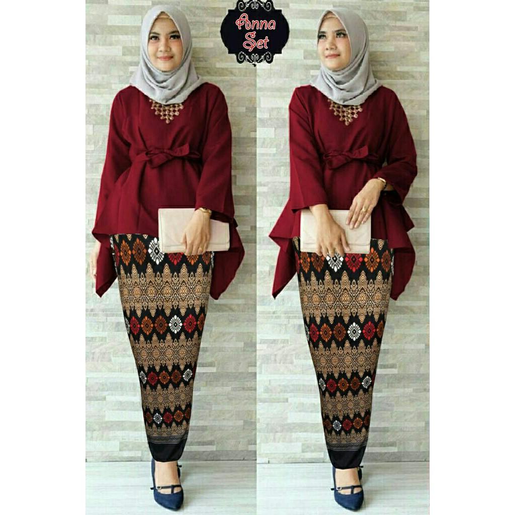 Gamis Syari Baju Muslim Setelan Kebaya Batik Kutubaru Remaja Set Anna Marun