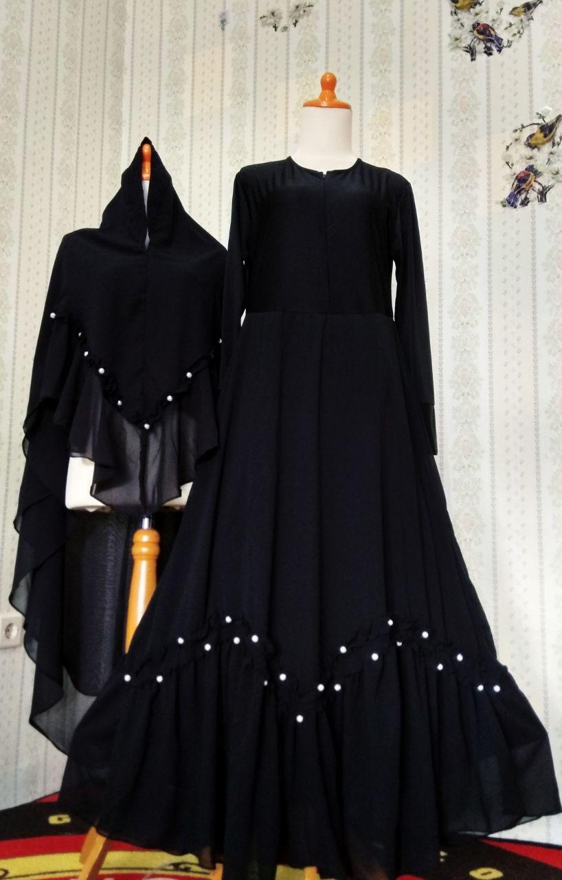 gamis ceruty syari mutiara set khimar mutiara ceruty double layer