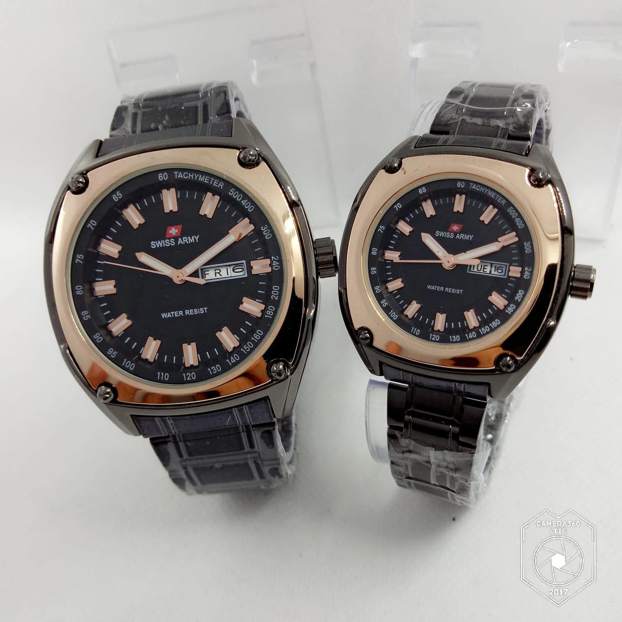 JAM TANGAN FASHION TRENDY TOKO GROSIR SWISS ARMY SPORT BLACK GOLD COUPLE /PASANGAN SA 500 FITUR TANGGAL HARI AKTIF FULL STAINLESS RANTAI TERBARU