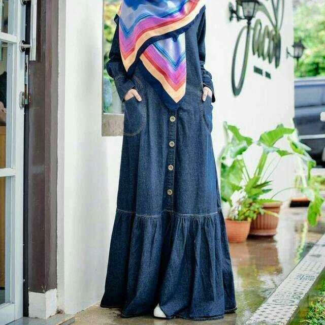 Gamis Syari Busui bahan Jeans/Denim Biru tua