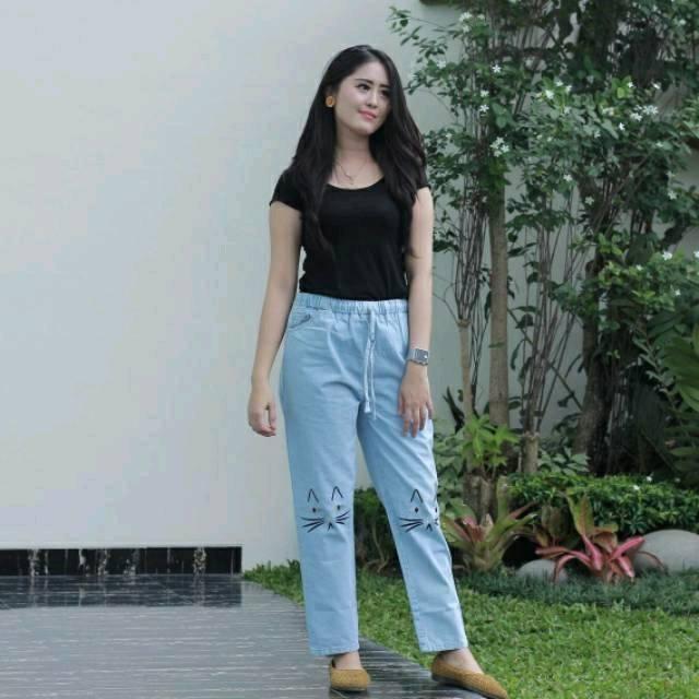Celana Boyfriend Jeans / Baggy Pants motif Meow - Meow Pants