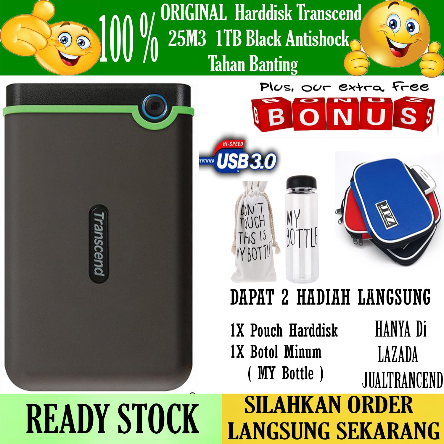 Transcend Storejet 25M3 1TB External Hijau Hard Disk Eksternal + Pouch Hdd + Botol Minum My Bottle Cantik