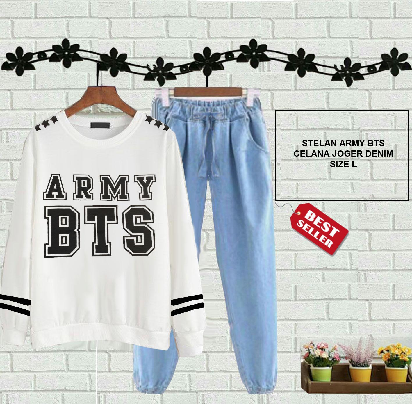 SET SWEATER BTS ARMY CELANA JOGER DENIM