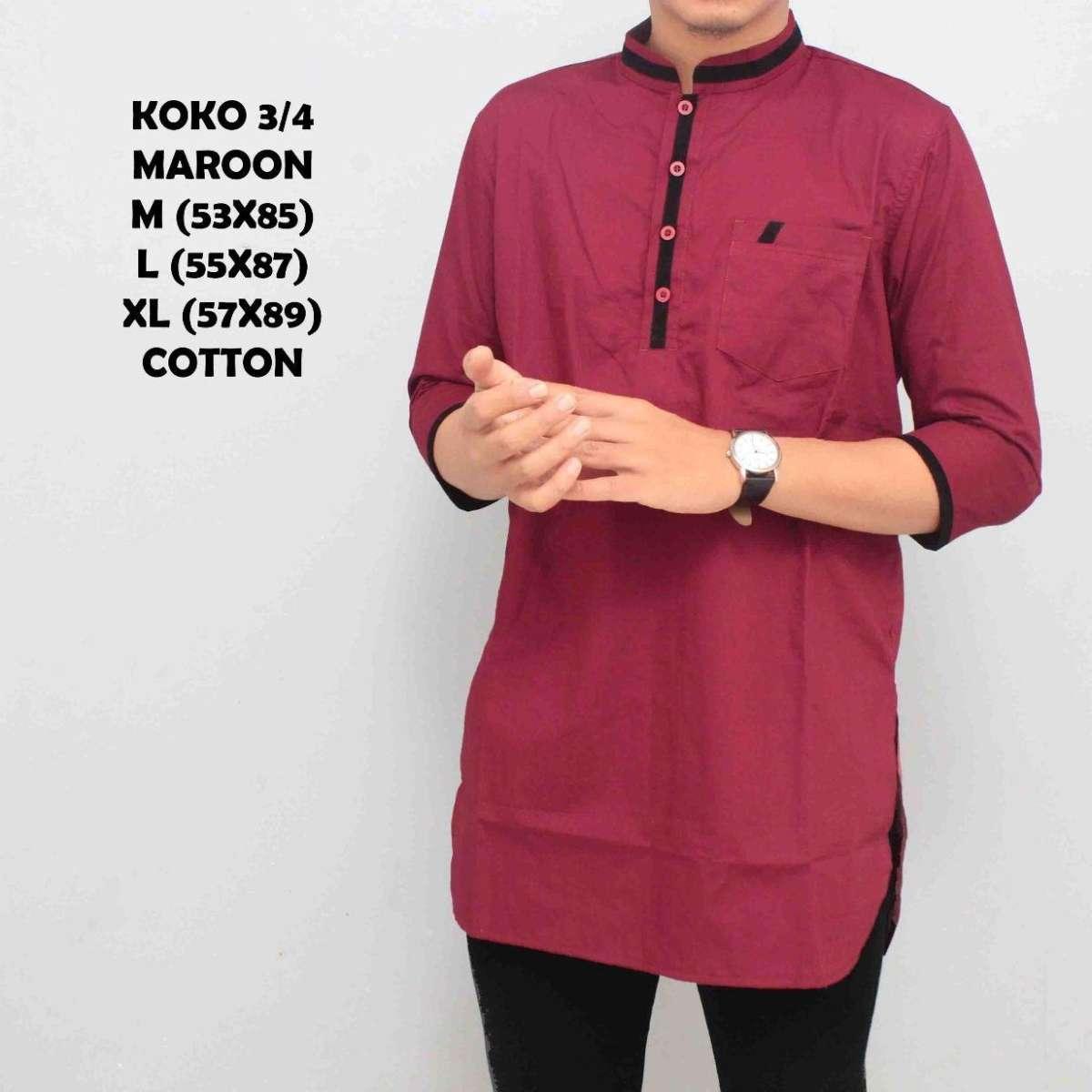 Kemeja Koko Pakistan Baju Gamis Muslim Baju Qurta Pria Lengan 3/4 Marun List Hitam Terbau