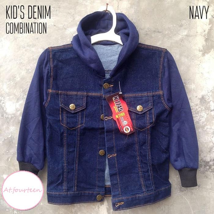 Jaket hoodie anak laki-laki denim fleece keren casual kualitas bagus navy kombinasi navy
