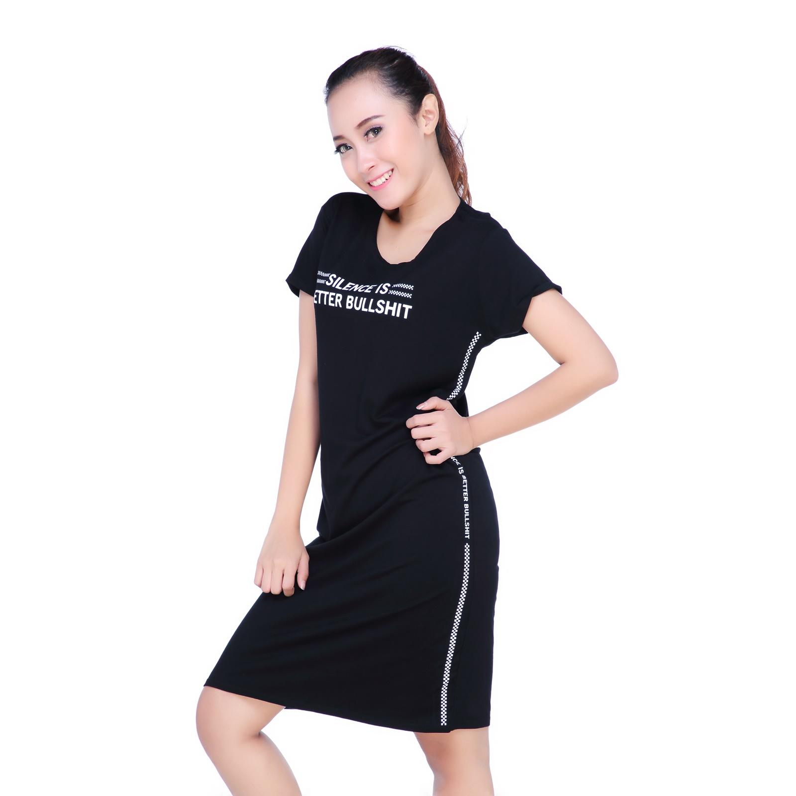 LEMONE Tumblr Tee T-shirt Dress Cewe Spandek Premiun Baju Wanita 681SS104669 Hitam Silence