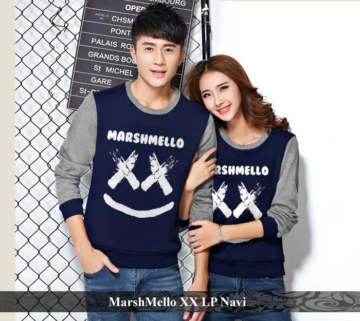 LenganPanjang Baju Couple Lengan Panjang Atasan Kembaran Simple Marshmello XX Navy