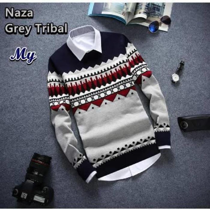 NAZA GREY TRIBAL / pakaian baju casual pria kerja kantor harian rajut murah terbaru / jaket sweater rajut pria distro murah / baju kuliah kampus pria harian rajut / baju lebaran hari raya pria cowok cowo