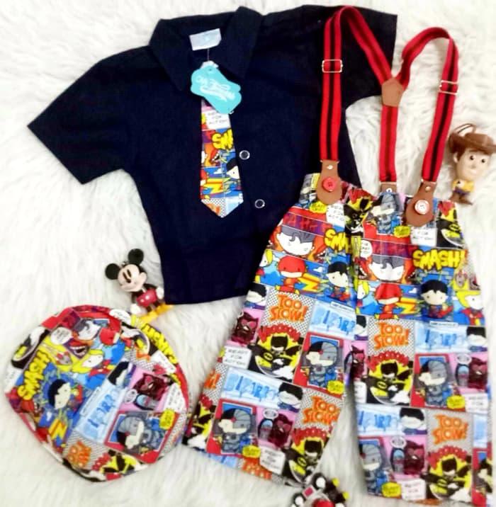Setelan Baju Celana Bayi Anak - 5in1 Suspender Dasi Superhero