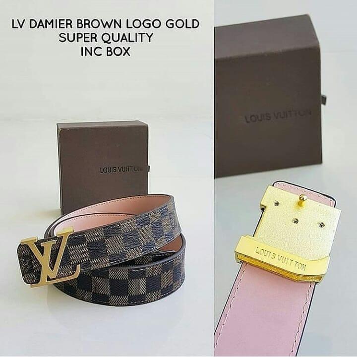 Ikat Pinggang LV Damier Brown Logo Gold
