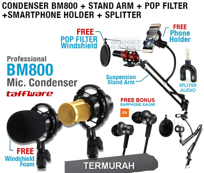 MDM Paket SMULE Mic BM800 Stand Arm Pop Filter Phone Holder Earphone