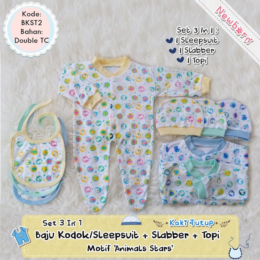 PROMO Set Baju Kodok Sleepsuit +Slabber +Topi Kupluk Bayi Newborn Kaki Tutup Terbaru